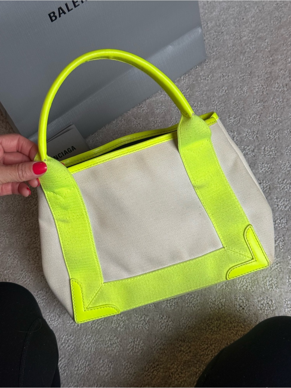 Balenciaga Canvas Tote with Neon Yellow Trim and Matching Pouch - Picture 3 of 7